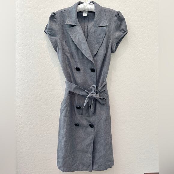 ROBBIE BEE | Vintage Gray Dress Double Breasted Belted Midi Retro | Size 10 - Picture 1 of 6